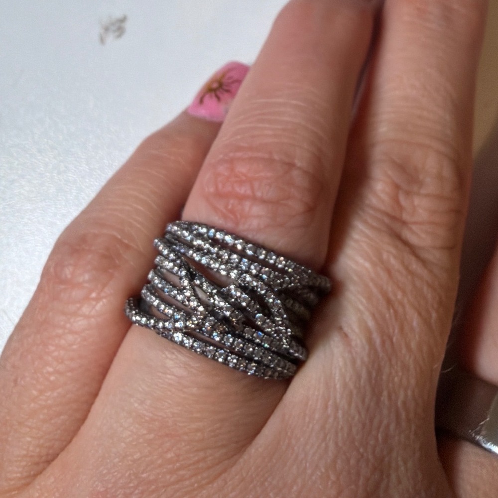nOir Jewelry Gunmetal Pavé Cubic Zirconia Multi Row Wrap Statement Ring Size 7